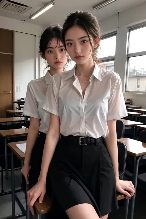 deux femmes ensemble de 18 ans sexy et mince , black short sleeve shirt, salle de classe, se touche,position sey,sensuel