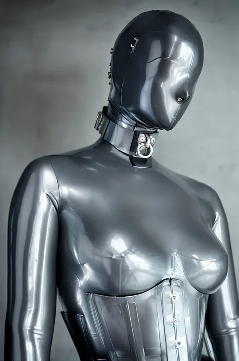 solo, woman, hood, medium, breasts, silver latex catsuit, white background, eha, sexy, black corset, black corset collar, armbinder