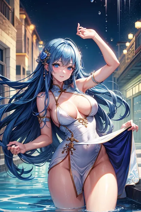 She is touching her clit in her Chinese dress、8K、、Highest quality、Tabletop、Ultra HD、Ultra-detailed、so beautiful、Ultra-detailed髪質、so beautiful、Portrait、Esbian all over、Captivating look、Beautiful woman、Long Blue Hair、blue eyes、Glowing Skin、bursting breasts、V...