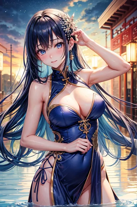 She is touching her clit in her Chinese dress、8K、、Highest quality、Tabletop、Ultra HD、Ultra-detailed、so beautiful、Ultra-detailed髪質、so beautiful、Portrait、Esbian all over、Captivating look、Beautiful woman、Long Blue Hair、blue eyes、Glowing Skin、bursting breasts、V...