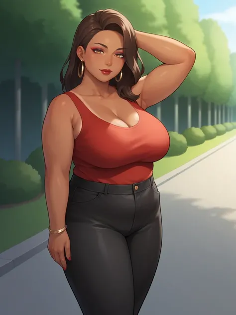 Score_9, score_8_up, score_7_up, source_anime, 1girl, solo, a woman looking at the viewer, bbw, outdoors, mature female, milf, a 42-year-old Latina woman, (tan-bronze skin:1.5), red lipstick, mascara, eyeshadow, she is wearing a red tank-top and shiny blac...