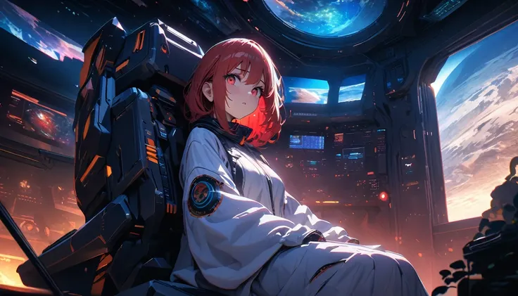 (absurd decision, A high resolution, (masterpiece: 1.4), hyperdetailing, 1 young woman, short red hair, pilot suit, Rich Princess, sitting in a very narrow and closed mech control room and looking out the window, window - cosmic universe, you can see the b...