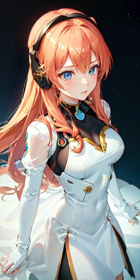 (view from above),dynamic angle,ultra detailed, illustration, close-up, Right on, 1 girl, 
 ((Suryu Asuka Langley, headset interface, red bodysuit:1.4, blonde)),Her eyes shone like Dreamy stars,(Brilliant eyes:1.233),(Beautiful and detailed eyes:1.1),(inex...