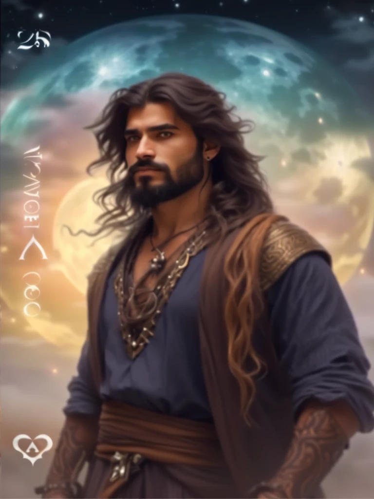 arafed image of a man with long hair and beard standing in front of a full moon, fantasy male portrait, by Pablo Munoz Gomez, fantasy genre portrait, handsome prince of persia, portrait of bedouin d&d, djinn human hybrid, fantasy character portrait, portra...