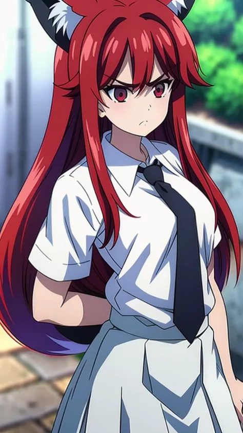 1girl ,20s,angry face,white shirt,short sleeves,(black standard tie),white school skirt,(red hair),long hair,fox ears,cowboy shot,park