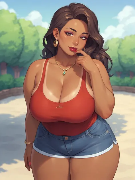 Score_9, score_8_up, score_7_up, source_anime, 1girl, solo, a woman looking at the viewer, bbw, outdoors, mature female, milf, a 42-year-old Latina woman, (tan-bronze skin:1.5), red lipstick, mascara, eyeshadow, (Wearing: red tank-top, shiny black leggings...