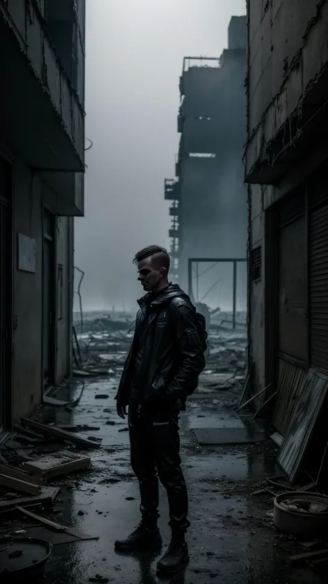 silhouette of man in lightweight black clothing, against the backdrop of an abandoned, decayed environment, Chernobyl-like ruins in the background, degraded objects, misty air, creating a sense of mystery, backlit, high contrast