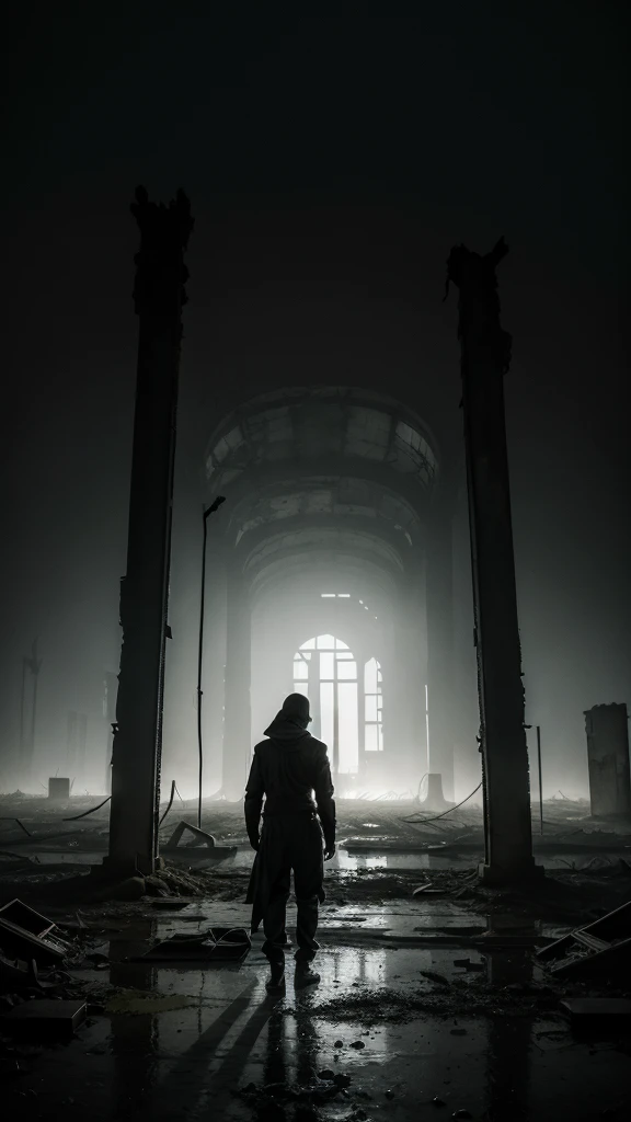 shadowed figure in lightweight black flowing garments, standing in a deserted, dilapidated landscape, with Chernobyl-esque ruins, rusted and broken objects, foggy atmosphere, highlighting the mysterious silhouette, backlit, dramatic contrast