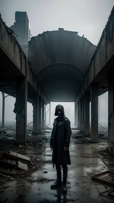 shadowed figure in lightweight black flowing garments, standing in a deserted, dilapidated landscape, with Chernobyl-esque ruins, rusted and broken objects, foggy atmosphere, highlighting the mysterious silhouette, backlit, dramatic contrast