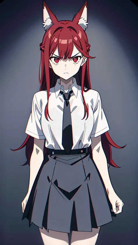 1girl ,20s,angry face,white shirt,short sleeves,(black standard tie),white school skirt,(red hair),long hair,fox ears,cowboy shot,park,(((gray scale)))