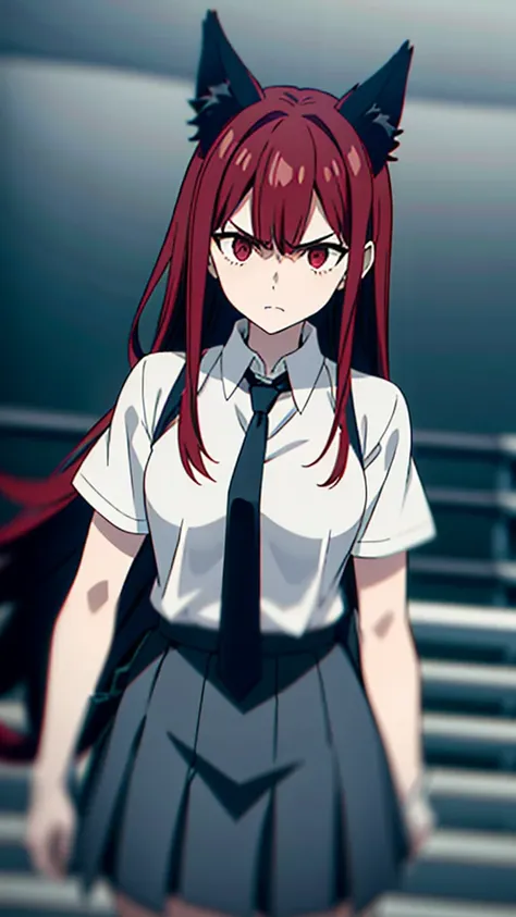 1girl ,20s,angry face,white shirt,short sleeves,(black standard tie),white school skirt,(red hair),long hair,fox ears,cowboy shot,park,(((gray scale)))