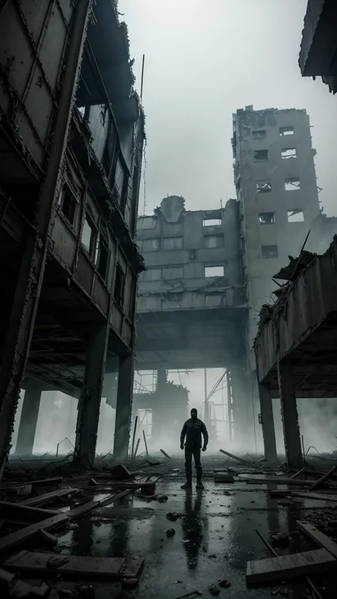 low-angle shot of man in lightweight black clothing, standing in an abandoned, decayed environment, Chernobyl-like ruins towering above, scattered degraded objects, misty air, sense of foreboding, worm’s-eye view, shadowy lighting