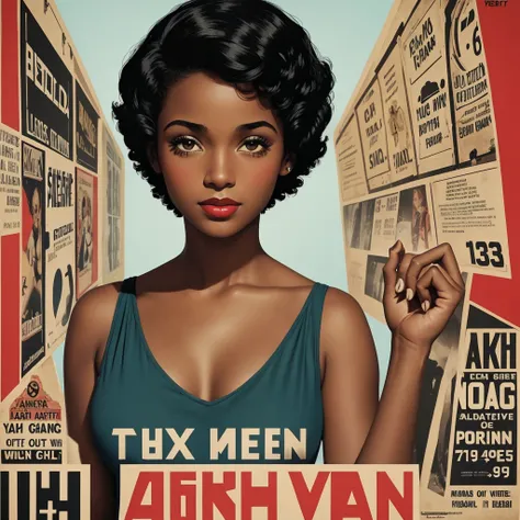 1 girl, black mixed woman, 23 years old, short hair, 1940s poster, simple art