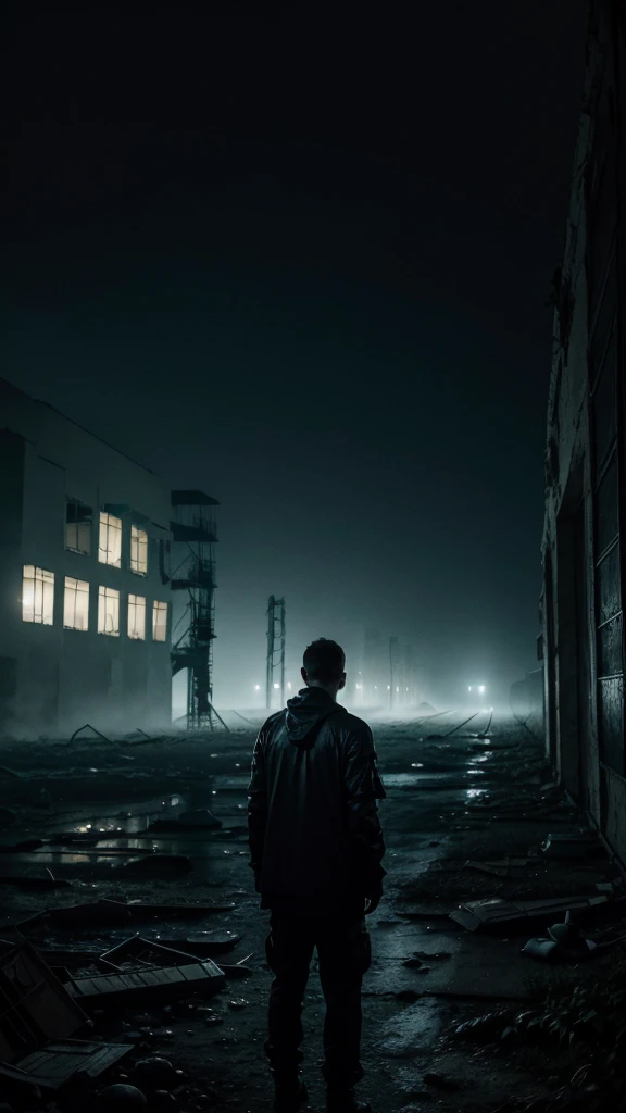 man in lightweight black clothing, in an abandoned, decayed environment at night, Chernobyl-like ruins barely visible, degraded objects, eerie glow from distant lights, misty air, deep shadows, nighttime shot, moonlit