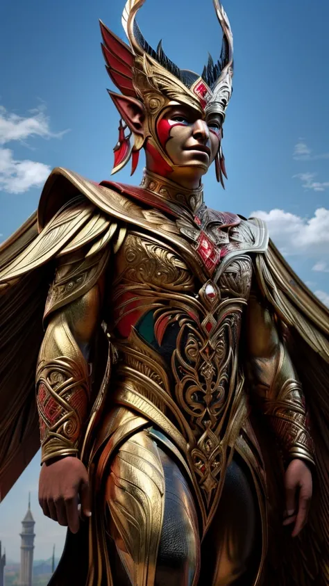 Photorealistic images of Indonesian Minang kabau superheroes, their sleek, Renaissance-inspired costumes decorated with intricate traditional Minang kabau patterns, towering majestically against the backdrop of the National Monument in Jakarta, Indonesia. ...