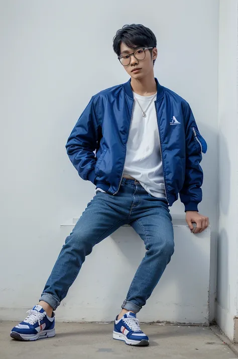 20 year old Korean man wearing blue baseball bomber jacket number 19 black jeans Jordan shoes blue air season photo white background cool style wearing blue glasses