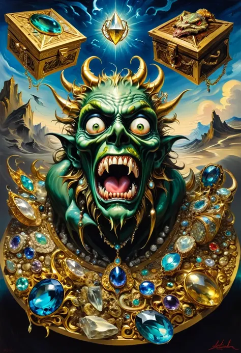 Mimic，Treasure Box Monster，Weird tongue and nasty teeth. Scattered jewelry, by greg rutkowski and Salvador Dalí and El Greco, best quality, masterpiece, very aesthetic, perfect composition, intricate details, ultra-detailed