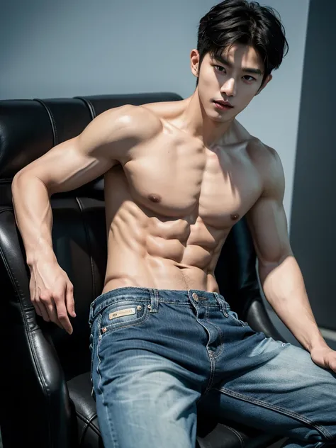 25 year old handsome korean, solo, (no shirt),no top wear ((show abs 6 pack)), black sagged jean, 