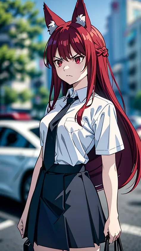 1girl ,20s,angry face,white shirt,short sleeves,(black standard tie),white school skirt,(red hair),long hair,fox ears,cowboy shot,park