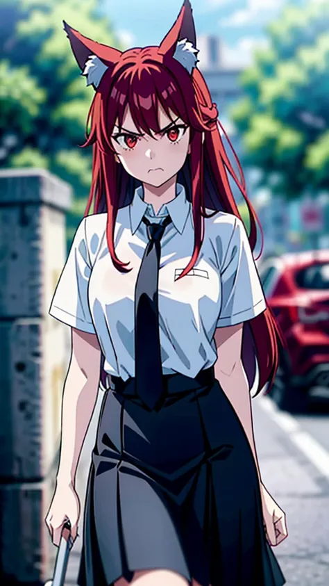 1girl ,20s,angry face,white shirt,short sleeves,(black standard tie),white school skirt,(red hair),long hair,fox ears,cowboy shot,park