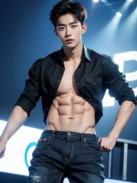 25 year old handsome korean, solo, (no shirt),no top wear ((show abs 6 pack)), black sagged jean, 