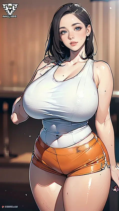 masterpiece,highest quality,Very detailed,High resolution,8K,wallpaper,Perfect lighting,BREAK(One Woman),(Mature woman working as a waiter at a sports bar:1.5),(48 years old),(hooters),(((A very form fitting white tank top:1.5))),((The tank top has the log...