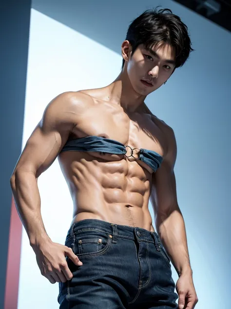 25 year old handsome korean, solo, (no shirt),no top wear ((show abs 6 pack)), black sagged jean, 