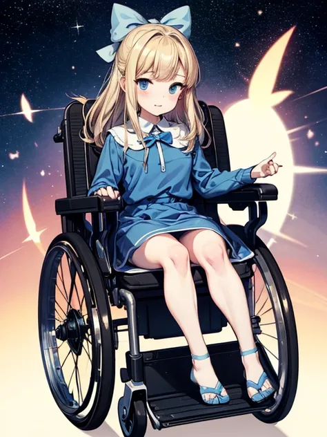 NSFW, Full body only, ,clara sesemann,by rubio,hair band,Blue eyes,blue dress,, Sitting in a wheelchair, flying through space