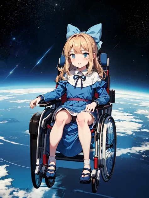 nsfw, full body only, ,clara sesemann,by rubio,hair band,blue eyes,blue dress,, sitting in a wheelchair, flying through space