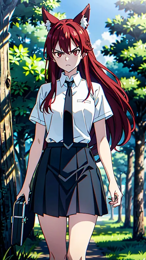 1girl ,20s,angry face,white shirt,short sleeves,(black standard tie),white school skirt,(red hair),long hair,fox ears,cowboy shot,forest