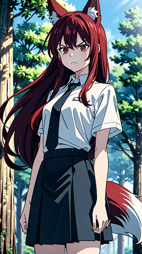 1girl ,20s,angry face,white shirt,short sleeves,(black standard tie),white school skirt,(red hair),long hair,fox ears,cowboy shot,forest