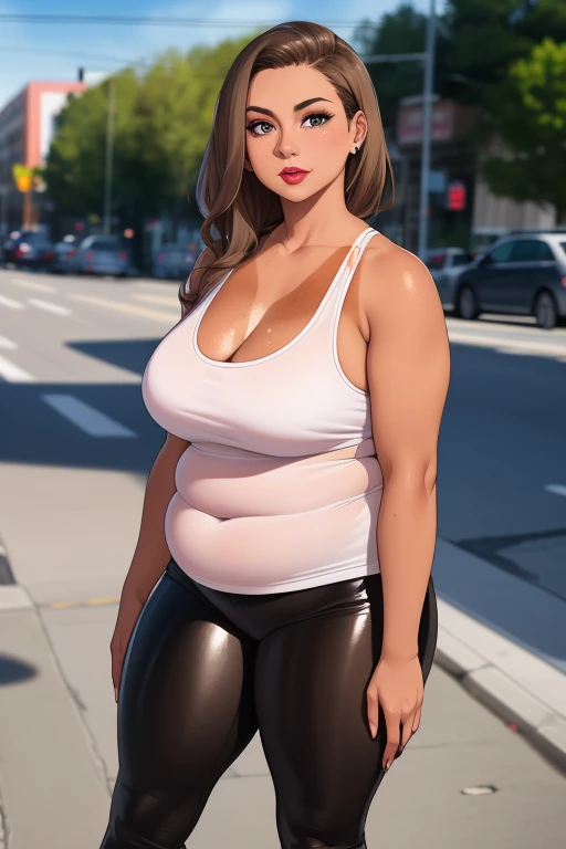 (best quality:1.3), (4K quality),masterpiece, best quality, high res, detailed, 1girl, solo, a woman looking at the viewer, bbw, outdoors, mature female, milf, a 42-year-old Latina woman, (tan-bronze skin:1.5), red lipstick, mascara, eyeshadow, (Wearing: r...