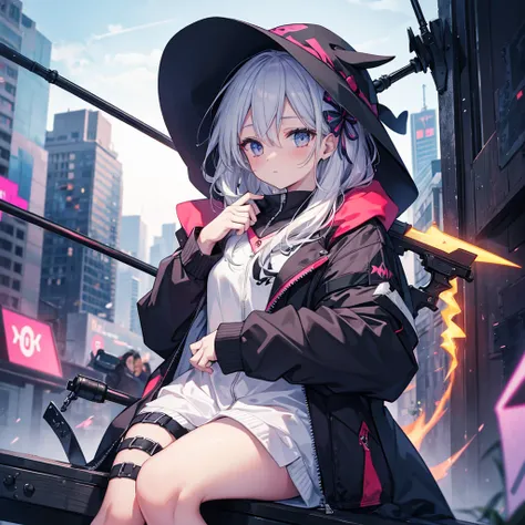 (((Grim Reaper&#39;s Scythe)))　(((Gray Hair　Short Hair　blue eyes　girl)))，((night　full moon　My own big wings))，(Wearing a hood　Black camisole　Purple light)，　A tense look　Shining Background　Shining Edge