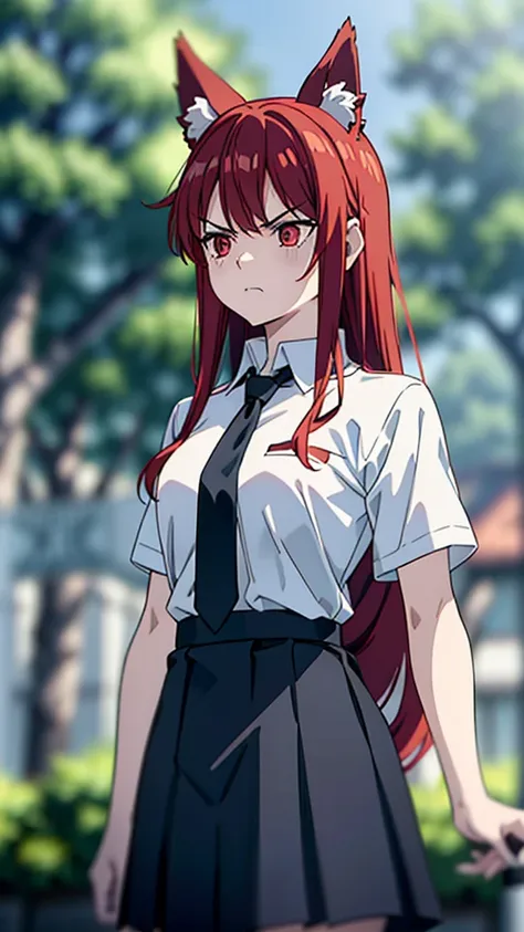 1girl ,20s,angry face,white shirt,short sleeves,(black standard tie),white school skirt,(red hair),long hair,fox ears,cowboy shot,forest