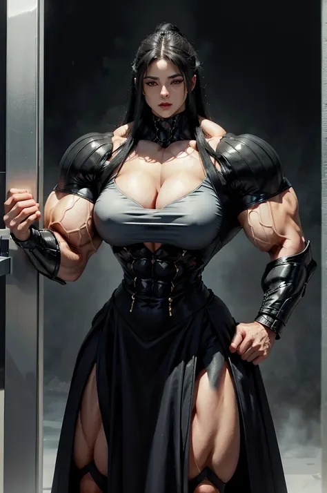 a drawing of a woman in a black dress is standing in front of a door, muscular girl, giantess art, muscular ultraviolent woman, strong and imposing, powerful and huge, Intimidating woman, bursting with muscles, digital comic art, big muscles, comic book ar...