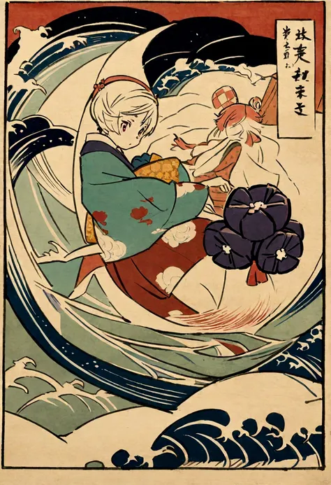 Yuru Heart,、fly、, Ukiyo-e, Katsushika Hokusai、Japanese Ghibli anime illustration