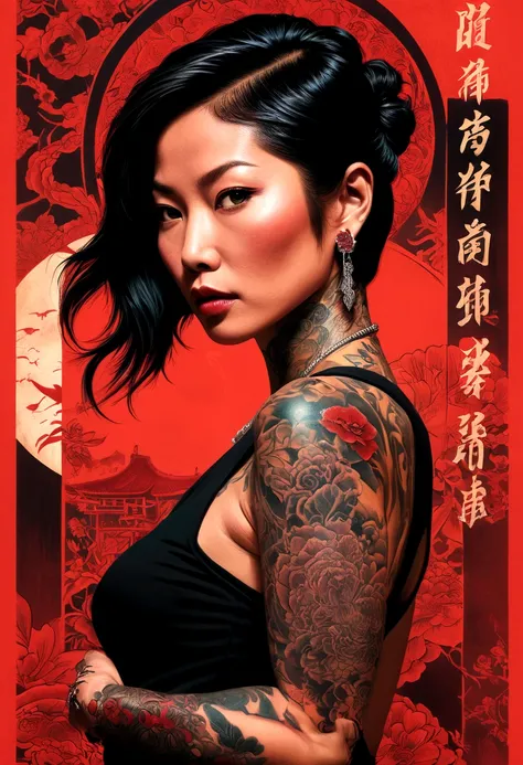 Movie poster featuring tattooed Asian woman, In a radical digital illustration style, Light red, Rap aesthetics, Fabian Perez, Fragmented realism, David Michael Bowles, High contrast chiaroscuro