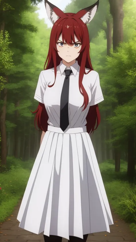 1girl ,20s,angry face,white shirt,short sleeves,(black standard tie),white school skirt,(red hair),long hair,fox ears,cowboy shot,forest