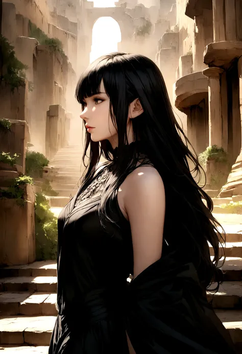 vapour_graphic beautiful woman black long hair hyperrealistic 16k background ancient opaque strange cities 