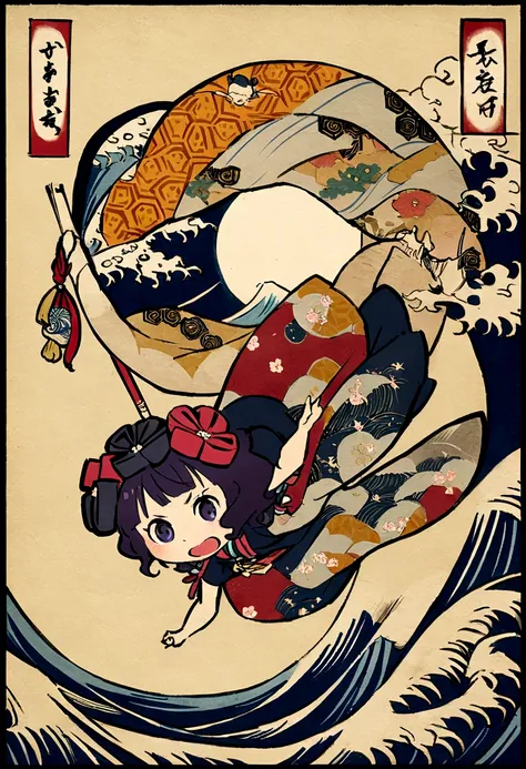 Exciting, bouncy feeling, Ukiyo-e, Katsushika Hokusai, Japan Ghibli anime illustration、