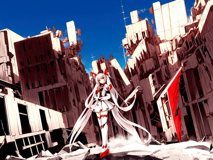 mecha style magical girl, White long hair styled in twintails, red eyes, wearing a crimson coloured Magical girl style mecha armor, full body in picture turned towards viewer, backround is a destroyed city