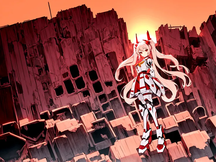 mecha style magical girl, White long hair styled in twintails, red eyes, wearing a crimson coloured Magical girl style mecha armor, full body in picture turned towards viewer, backround is a destroyed city