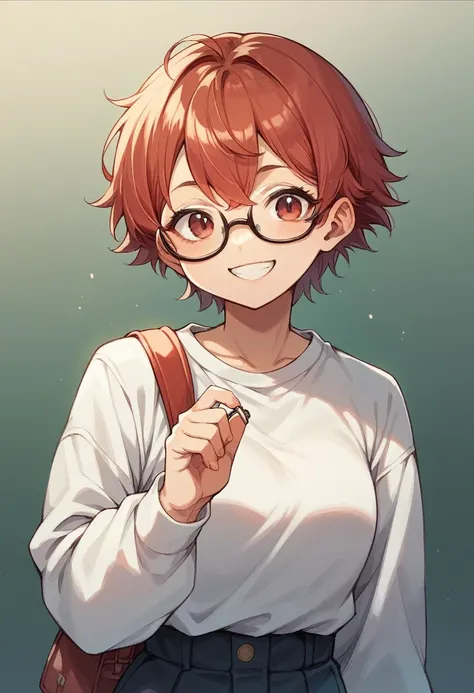 1 girl, short red hair, glasses, parts, mono,  smiling,  