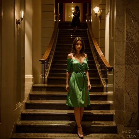 wife, 25 ans brune, in evening dress, robe de soirée verte, on the stairs of a luxury hotel