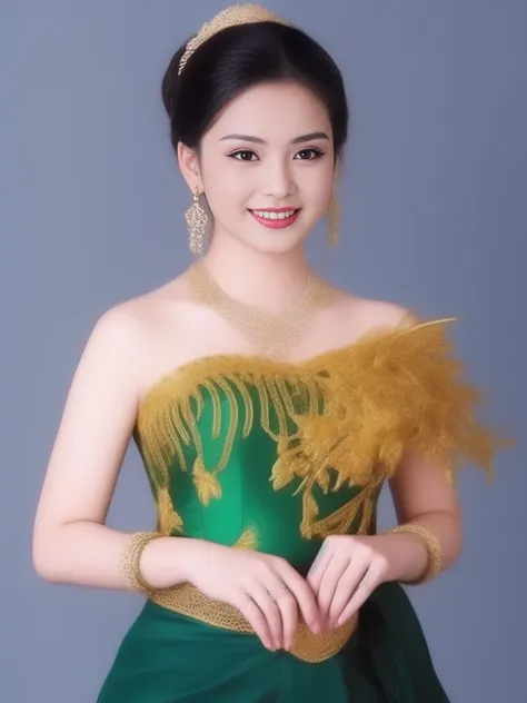 arafed woman in a traditional thai costume standing next to a table, Sukhothai dress, traditional beauty, traditional dress, Wear elegant clothes, According to Thawan Duchanee&#39;s style, Southeast Asia that has existed for a long time, traditional clothe...