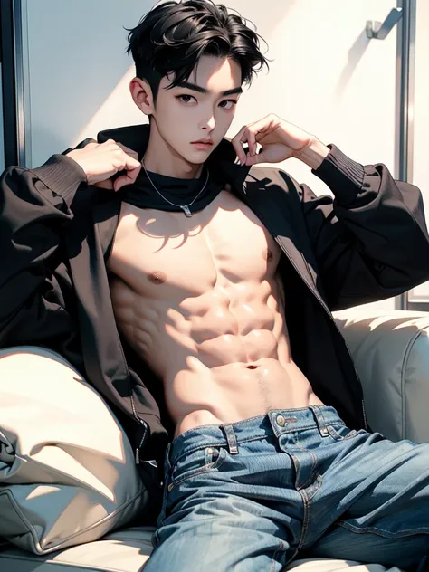 25 year old handsome korean, solo, (no shirt),no top wear ((show abs 6 pack)), black sagged jean, 