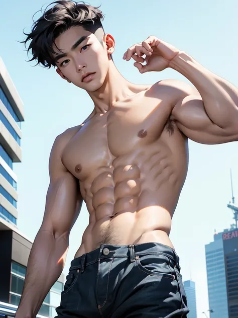 25 year old handsome korean, solo, (no shirt),no top wear ((show abs 6 pack)), black sagged jean, 