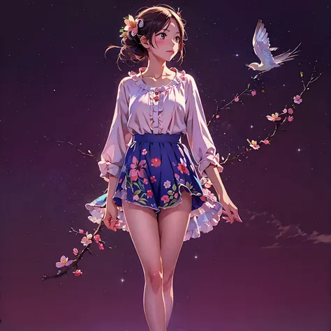 masterpiece, illustration, anime, 1girl, floral, cloud, bird, flow