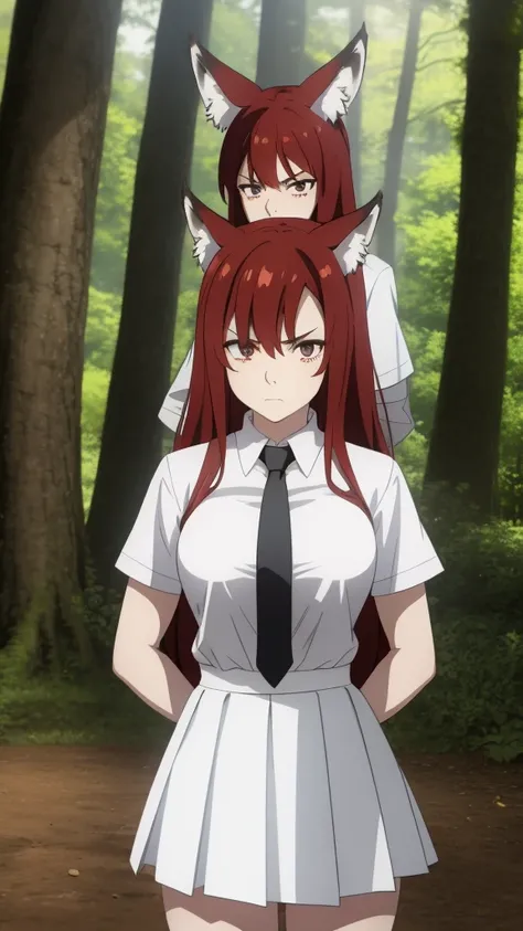 1girl ,20s,angry face,white shirt,short sleeves,(black standard tie),white school skirt,(red hair),long hair,fox ears,cowboy shot,forest