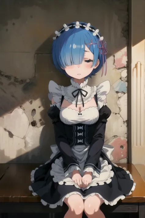 masterpiece,best quality,1 girl,rem sleep,blue hair,short hair,hair over one eye,hair ornament,maid,sitting on the table,near th...